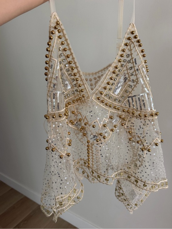 Tops - Gold-Embellished Ivory Beaded Cami Top